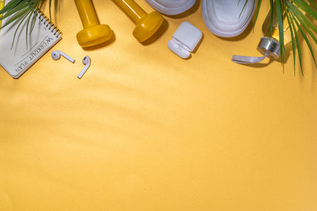 Summer sport and fitness background. Sport shoes, dumbbells, blank notebook for workout plan, earphones, water bottle on sunny gold background, with tropical palm leaves shadow, top view copy spaceの写真素材