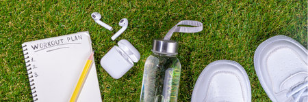 Spring outdoor sport and fitness flat lay. Sport shoes, dumbbells, blank notebook for workout plan, earphones, water bottle on sunny green grass background, top view copy spaceの写真素材