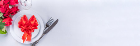 Valentine day table setting on white background. Romantic diner table setting for with red roses,...