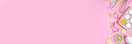 Cute pink sweet baking flat lay for Easter holiday. Cooking background with baking ingredients,...