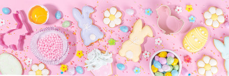 Cute pink sweet baking flat lay for Easter holiday. Cooking background with baking ingredients,...