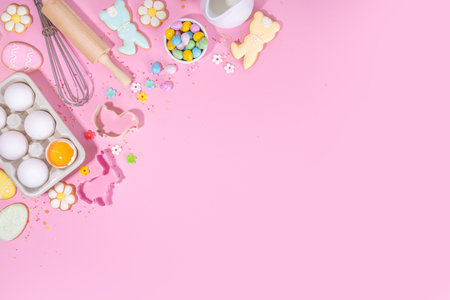 Cute pink sweet baking flat lay for Easter holiday. Cooking background with baking ingredients,...