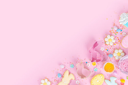 Cute pink sweet baking flat lay for Easter holiday. Cooking background with baking ingredients,...