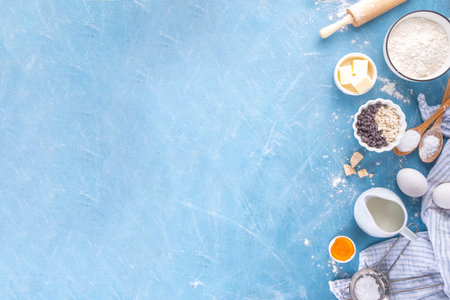 Baking ingredients background. Cooking ingredients (flour, eggs, milk, brown sugar, butter) with utensils on light blue background top view copy spaceの写真素材
