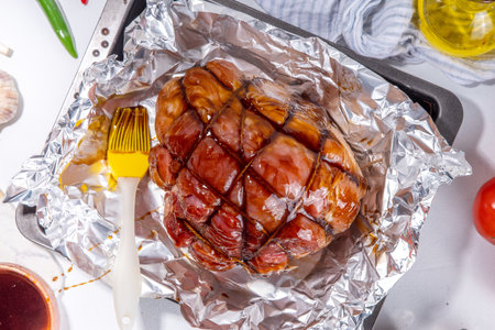 Cooking baking pork meat. Traditional recipe for glazed ham, with spices and ingredients. Easter homemade glazed ham preparation process, female hands grease apply glaze on meatの写真素材