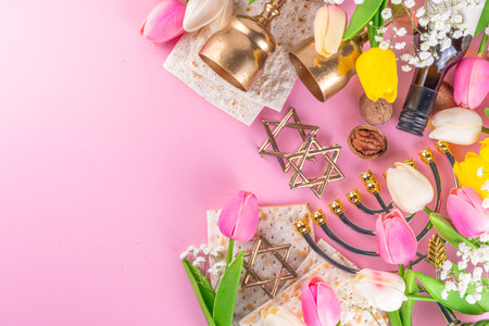 Passover, Pesah background. jewish Easter Passover spring holiday celebration, with accessories -...