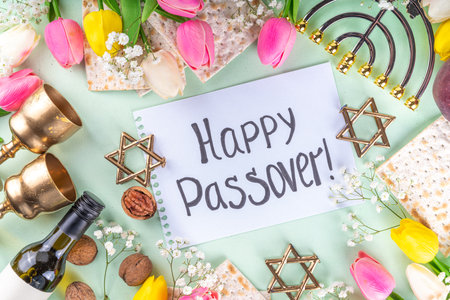 Passover, Pesah background. jewish Easter Passover spring holiday celebration, with accessories -...