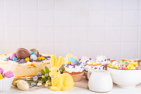 Easter brunch, breakfast food, Kids Easter party buffet. Various traditional Easter sweets, candy,...