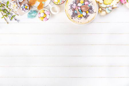 Easter brunch, breakfast food, Kids Easter party buffet. Various traditional Easter sweets, candy,...