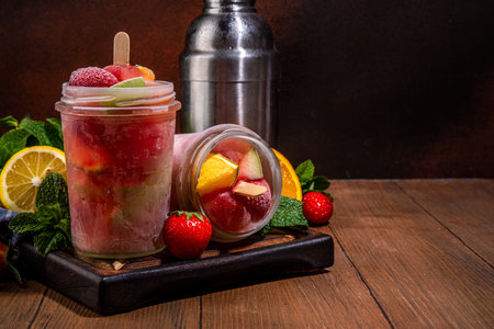 Frozen mocktail,  punch with fruit and berry. Iced summer sangria with strawberry, orange, apple and...