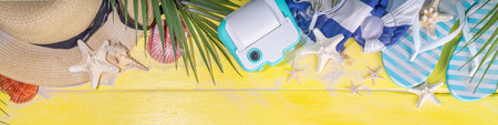 Bright sunny lighted summer vacation background, vacation and travel, beach accessories, swim suit,...