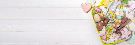Easter charcuterie board. Sweet Easter party, kids holiday treats assortment - chocolates, easter...