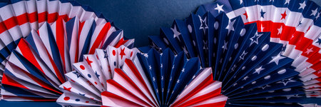 Happy Labor Day, Presidents Day, Fourth of July Independent Day, Memorial day, Columbus day background. Dark blue background with USA flag color paper fans and decorations, party accessoriesの写真素材