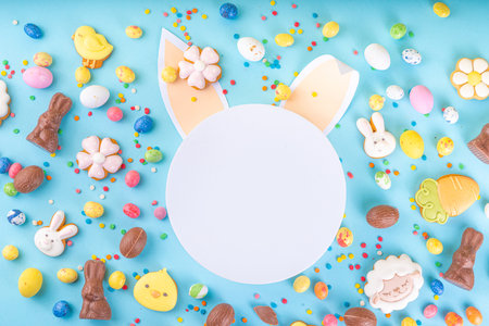 Easter sweets and candies background. High-colored blue flat lay with various Easter chocolate eggs, treats, symbols of easter sheep, bunny, carrot, flowers, cookies, top view copy space, frameの写真素材