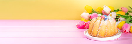 Traditional Easter round bundt cake. Sweet traditional Easter baking with sugar powder sprinkles,...