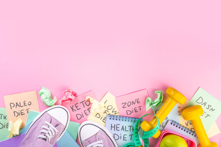 Slimming, fitness flat lay. Diet choice concept with bright handwritten notes with names of trendy...
