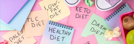 Slimming, fitness flat lay. Diet choice concept with bright handwritten notes with names of trendy diets and healthy eating concept, with sneakers, tape measure, dumbbells on bright pink background.の写真素材