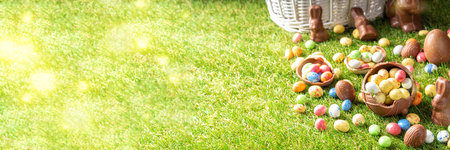 Easter egg hunting background. Various candy and chocolate Easter eggs, bunny and rabbits with...