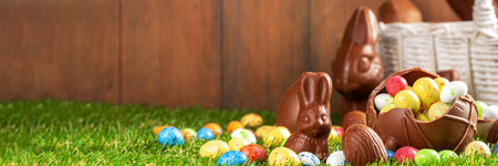 Easter egg hunting background. Various candy and chocolate Easter eggs, bunny and rabbits with...