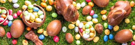 Easter egg hunting background. Various candy and chocolate Easter eggs, bunny and rabbits with...
