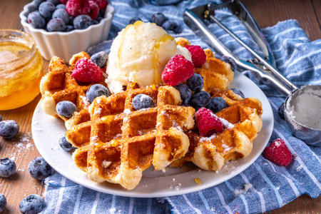 Tasty Homemade Belgian waffles with raspberries, blueberries, vanilla ice cream and syrup or honey, sweet summer healthy breakfast, light wooden background copy spaceの写真素材