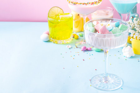 Colorful pastel colored kids Easter party mocktails, Creamy and iced non-alcohol drinks with cotton candy, marshmallow, sugar sprinkles and Easter eggs, on blue pink pastel background copy spaceの写真素材