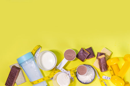 Set of protein bar, shake cocktail and powder. Healthy sport and fitness energy protein snacks, sport nutritionの写真素材