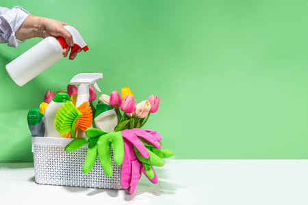 Set of cleaning supplies and utensils, with spring flowers on high-colored pastel green background. Spring house cleaning concept. Woman hands hold spray detergent, with cleaning gloves and wipesの写真素材