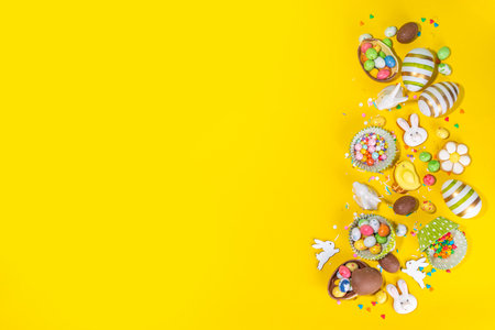High-colored Easter baking background, Easter sale, party invitation flaylay, Colorful Easter eggs, chocolate eggs and bunny rabbit with sugar sprinkles on bright yellow background top view copy spaceの写真素材