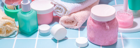 Bath background with cosmetics, cream, scrub, toothbrush, serum, mirror pink and blue tiled bright...