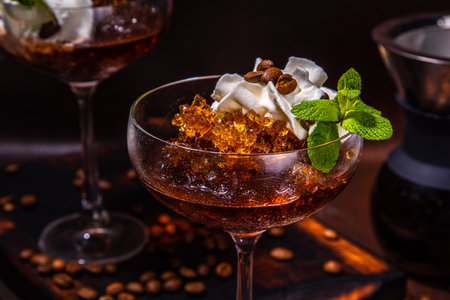 Espresso coffee slush cocktail in martini glass, with craft drips coffee maker. Hard coffee granita, on dark brown background copy spaceの写真素材