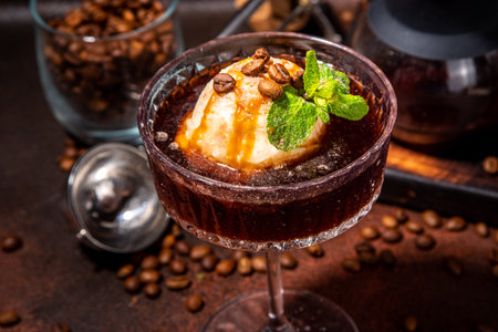 Irish coffee affogato, Espresso martini cocktail with ice cream ball and caramel topping, on dark brown background copy spaceの写真素材