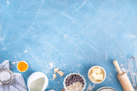 Baking ingredients background. Cooking ingredients (flour, eggs, milk, brown sugar, butter) with utensils on light blue background top view copy spaceの写真素材