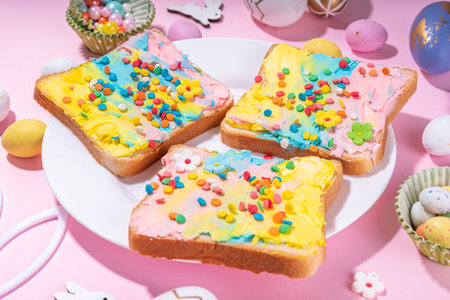 Cute sweet and funny Easter breakfast for kids. Homemade rainbow colored sandwiches, sandwiches with colored cream cheese and sugar sprinklesの写真素材