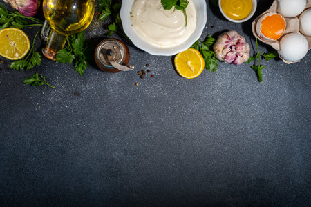 Homemade mayonnaise sauce. Bowl of mayonnaise with fresh ingredients top view copy spaceの写真素材
