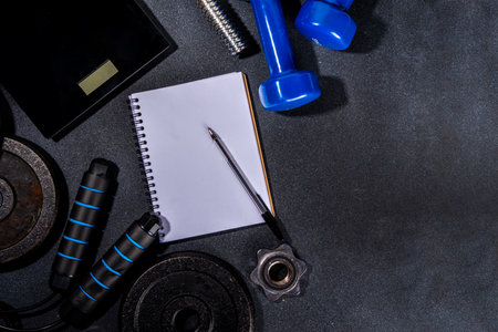 Sport and fitness background with dumbbells, notepad for workout or weight loss plan, kitchen weight, jumping rope, black sort flat lay top view copy spaceの写真素材