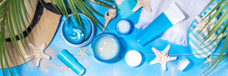 Summer skin care cosmetics set. Different jars, tubes of sunscreen moisturizer, cream, serum, masks,...