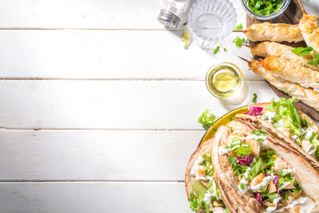Mediterranean food. Doner Kebap, Taco, Shawarma, greek wrapped gyros sandwich, tortilla pita bread stuffed grilled chicken meat, fresh vegetables, tsatziki sauce. Sunny white wooden table copy spaceの写真素材