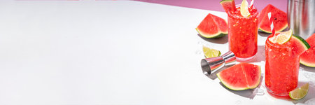 Watermelon lemonade cocktail with lime and sliced watermelon, on trendy high-colored white pink background copy spaceの写真素材