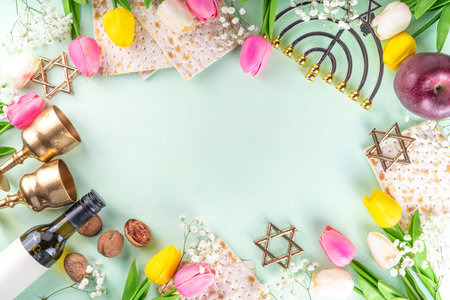 Passover, Pesah background. jewish Easter Passover spring holiday celebration, with accessories -...