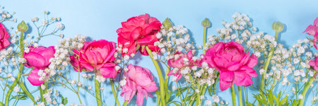 Simple spring holiday greeting card background with bouquet of beautiful ranunculus flowers. Gift for holiday, birthday, Wedding, Mother's Day, Valentine's day, Women's Day. Floral arrangement flatlayの写真素材