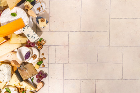 Different sorts of cheese set. Cheese platter with various cheese, with grapes, nuts, cheese knife and spices, light tiled background copy spaceの写真素材