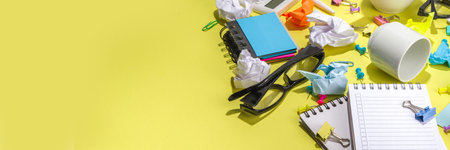 Brainstorming office table background. Office work table with notepads, pens, pencils, crumpled...