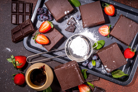 Dark chocolate brownies with berries. Stack of homemade brownie cake cookies with chocolate sauce drizzled on it and fresh strawberry, blueberry, on dark background copy spaceの写真素材