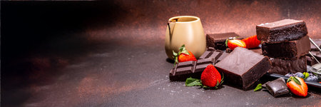 Dark chocolate brownies with berries. Stack of homemade brownie cake cookies with chocolate sauce...