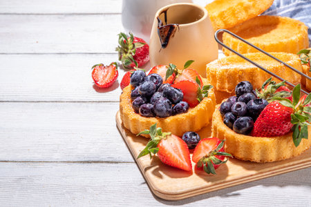 Sponge mini tart cakes with summer berry. Portioned vanilla dessert cups with fresh strawberry, blueberry, raspberry, on white wooden background copy spaceの写真素材