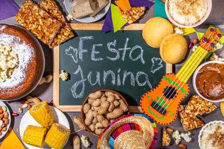 Traditional Festa Junina Summer Festival Carnival Food. Traditional Brazilian Festa Junina dishes and snacks - popcorn, peanuts, corn cake,beans, cookie, pacoca, with holiday decor and accessoriesの写真素材