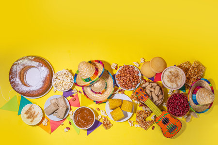 Traditional Festa Junina Summer Festival Carnival Food. Traditional Brazilian Festa Junina dishes and snacks - popcorn, peanuts, corn cake,beans, cookie, pacoca, with holiday decor and accessoriesの写真素材