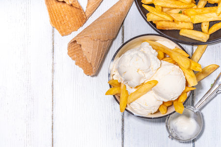 Trendy french fries ice cream, Vanilla icecream with original french fries potato flavor, white...
