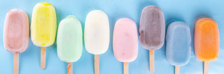 Selection of multicolored ice creams. Various flavor gelato, frozen lollypops - chocolate vanilla...